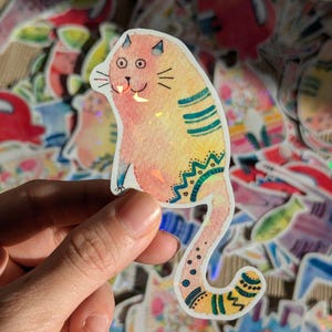 Pegatina gato naranja / papelería bonita / pegatina infantil / sticker / pegatina holográfica