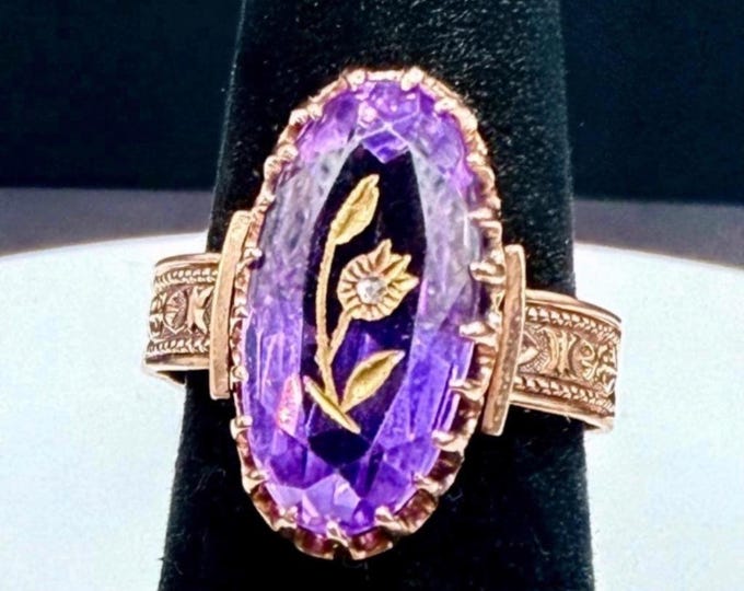 Featured listing image: Exquisite Late 1800s 18K Gold Amethyst Intaglio Ring – Hand-Etched Floral Design, Pristine Condition
