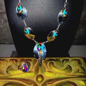 Vintage Inlay Zuni Concho Necklace & Size 7 US Inlay Ring Set In Sterling Silver With Genuine Gemstones And Hand Carved Sterling Silver WOW