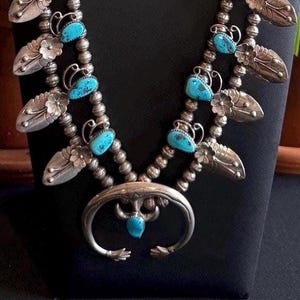 Vintage Navajo Squash Blossom Necklace | Mary Eriacho Signed | Royston Turquoise & Sterling Silver