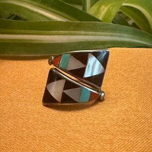 Vintage Zuni Ring By Famous Zuni Artist Zeno Edaakie Signed ZME Sterling Silver & Intricate Inlay Turquoise Coral Jet Mother of Pearl Size 7