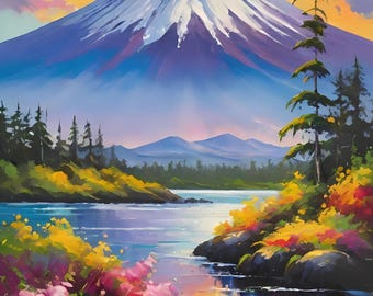 Monte Fuji: arte mural con paisaje de montaña vibrante / descarga digital