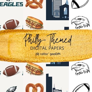 Modello digitale senza soluzione di continuità con carta da parati digitale con motivo baseball, football, Liberty Bell, Philly Foods, per scrapbooking, artigianato e feste di compleanno dei Phillies
