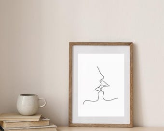 Couple Kiss Line Art Print: Minimalist Black and White (Digital Download)