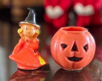 Vintage Gurley Halloween Pumpkin and Witch Candle Set