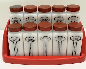 GRIFFITH ストアディスプレイ　スパイスラック　vintage 1950 Vintage Art Deco Griffiths Spice Rack: Milk Glass Jars, Red Lids