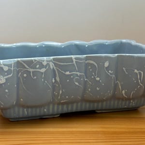 May include: A rectangular, pale blue ceramic planter with a scalloped rim and a fluted base. White, abstract splatters decorate the exterior. The planter is approximately 25 cm long.