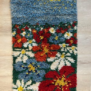 Vintage Mid Century Hand Knotted Rya Rug | Swedish High Pyle Wool Area Rug | Floral Wall Decor