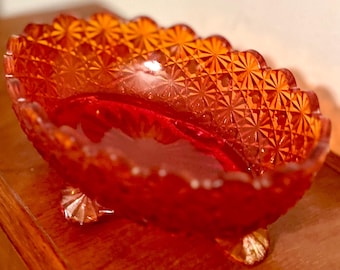 Vintage Amberina Footed Glass Console Bowl Red Amber Oval Centerpiece Candy Dish
