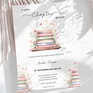 Ein neues Kapitel beginnt Babyparty Einladungsvorlage, Babyparty unter dem Thema Buch, Wildblumen Geschichtenbuch einladen, personalisierte Bibliothekseinladung