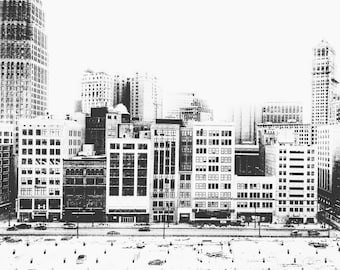 Black & White Detroit City Skyline Woodard Avenue Downtown