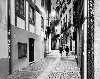 Black and White Porto Portugal Street at Night