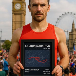 Carte 3D du MARATHON DE LONDRES – Parcours personnalisé et résultats avec cadre mural