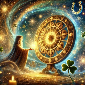 Könnte beinhalten: Ein goldenes Zodiakrad mit einem blauen Zentrum und goldenen Akzenten, umgeben von Sternen und einer wirbelnden Galaxie. Eine Person in einem Umhang mit langem weißem Bart streckt die Hand zum Rad aus, und ein goldenes Hufeisen ist in der oberen rechten Ecke zu sehen.
