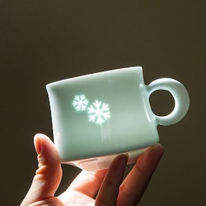 May include: A light green ceramic mug with a rounded handle and a square base. Two white snowflake designs are on the side of the mug. The mug is held in a hand.