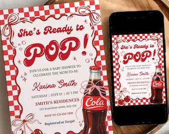 Plantilla editable de invitación para baby shower, lista para usar, con temática de refresco, invitación electrónica, lazos coquetos, restaurante retro.