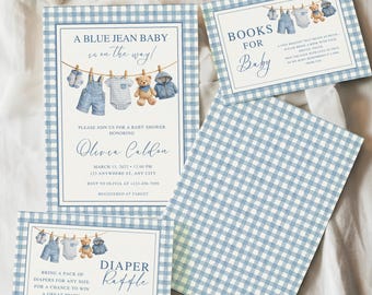 Plantilla de invitación para baby shower de vaqueros azules, invitación para baby shower de niño de mezclilla, decoración de baby shower de vaquero del oeste, Canva editable, descarga digital