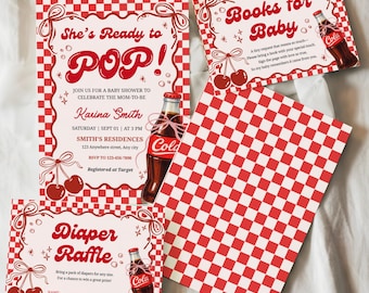 Plantilla de invitación editable para baby shower, lista para usar, con temática de refresco, invitación electrónica con temática de cereza retro, Canva