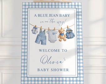 Letrero de bienvenida editable para baby shower de mezclilla azul, letrero de tendedero de mezclilla editable, decoración rústica de baby shower de cuadros vichy, plantilla de Canva DIY
