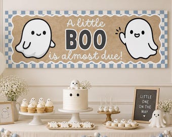 Banner editável "Pequeno Boo Azul" para Chá de Bebê com Tema de Halloween, Cenário Assustador para Aniversário de Menino, Placa de Festa, Estilo Kraft Pintado, Pôster da Walgreens