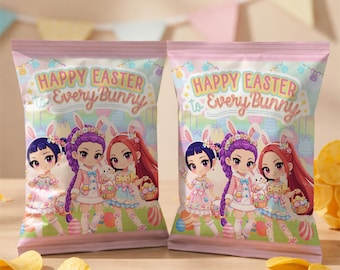 Plantilla editable para bolsa de patatas fritas de Pascua estilo Kpop Demon Hunter, ideal para fiestas, como bolsa de aperitivos de cumpleaños de Huntrix o para decorar la celebración de la búsqueda de huevos de Pascua.