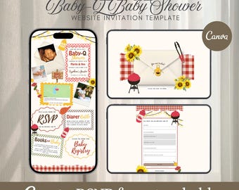 Plantilla editable todo en uno para invitación a baby shower con barbacoa, con confirmación de asistencia y mapas, invitación para baby shower de niño o niña de Western Digital