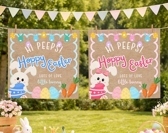 Plantilla editable de pancarta con letras de conejito de Pascua, pancarta / Letrero pintado DIY de 36x36 para fondo, decoración alegre, letrero para fiesta de Pascua