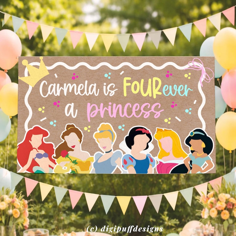 Four Ever a Princess birthday banner template for girls, princess party decor printable sign