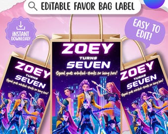 Etiqueta editable para bolsa de regalo de cumpleaños de Demon Hunters del Kpop, etiqueta para bolsa de fiesta de Demon Hunters, regalos de fiesta de Demon Hunters del Kpop, bolsa de fiesta de Huntrix