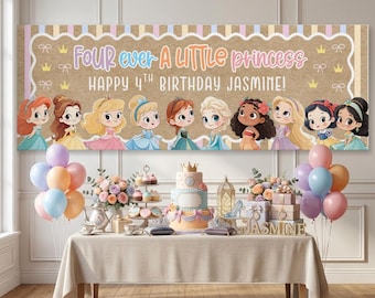 Editable Fourever A Princess Banner, 4th Birthday Princess Party Decor, Banner Template, Four Ever a Princess Sign, DIY Painted Style Poster