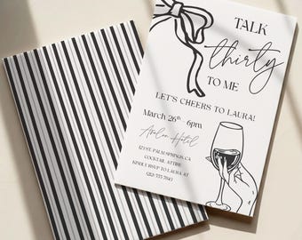Plantilla de invitación "Háblame de treinta", invitación de cumpleaños número 30 con lazo negro de Coquette, invitación para fiesta de Martini Dirty Thirty, Canva editable
