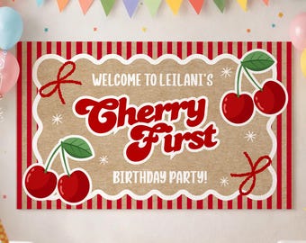 Plantilla editable de pancarta de primer cumpleaños "Cherry On Top", letrero de fiesta "Coquette Cherry", pancarta "One 1st", fondo pintado para hacer tú mismo