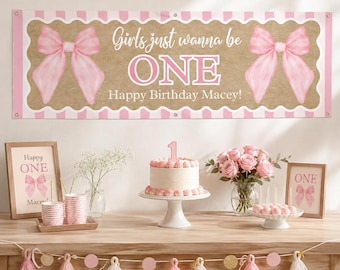 Banner editável "Coquette Girls Just Wanna Be One" com laço, painel de fundo para aniversário de 1 ano, placa de festa com laço rosa, pôster decorativo com laço, Walgreens