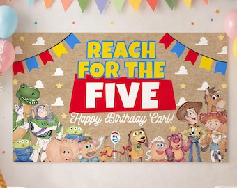 Editable Reach for the FIVE 5x3 2x6 DIY Painted Style, Party Banner Sign, Toy 5th Birthday Party Decor Backdrop, Bday Party Welcome Sign