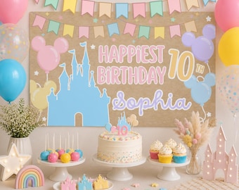 Editable Princess Happy Birthday Castle Pastel Balloons, 36x60 72x2 DIY Painted Style, Party Banner Sign, Pastel Girl Bday Decor Backdrop