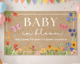 Plantilla editable de pancarta "Baby in Bloom", fondo floral para baby shower, letrero de bienvenida, decoración para fiesta de baby shower de primavera, letrero pintado a mano.