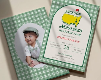 Plantilla editable de invitación de primer cumpleaños "Dominando el golf", invitación con temática de golf para la primera fiesta, invitación para fiesta de hoyo en uno para niño, MS01