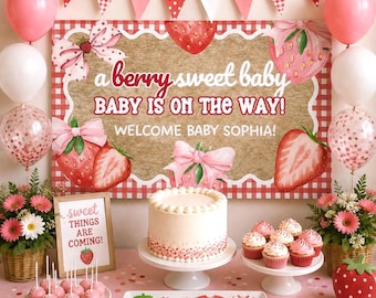 Editable Berry Sweet Baby Shower Banner, Strawberry Backdrop, Berry Baby Shower Sign, Painted Style Party Decor, Printable Poster, Walgreens
