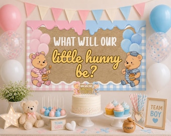 Editable Pooh Gender Reveal Banner Template, Gingham Baby Shower Party Decor, Little Hunny DIY Kraft Painted Style Backdrop, 2x6 Walgreens