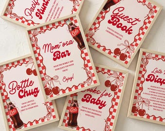 Paquete de letreros editables "She's Ready to Pop" para baby shower, letrero de refresco con lazo rojo, póster retro de cola, señalización de mesa y set de decoración imprimible de 8 x 10 pulgadas.