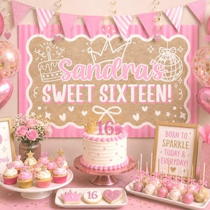Puede incluir: Decoración de cumpleaños con un cartel rosa y dorado que dice Sandra's SWEET SIXTEEN!, un pastel blanco con un adorno dorado de 16, cupcakes rosas, cake pops, una bolsa de regalo y dos letreros con 16 & fabulous y BORN TO SPARKLE.