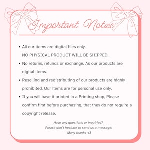 K&ouml;nnte beinhalten: Eine rosa-wei&szlig;e digitale Datei-Notiz mit dem Text "Important Notice". Der Text besagt, dass alle Artikel digitale Dateien sind, kein physisches Produkt versendet wird und keine R&uuml;ckgabe oder R&uuml;ckerstattung akzeptiert wird.