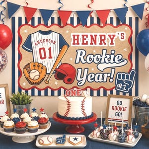 Editable Rookie Year First Birthday Banner, Baseball One Birthday Banner Template, Rookie 1st Year Party Backdrop, 35x60  72x24, Party Decor