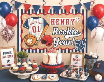 Editable Rookie Year First Birthday Banner, Baseball One Birthday Banner Template, Rookie 1st Year Party Backdrop, 35x60  72x24, Party Decor