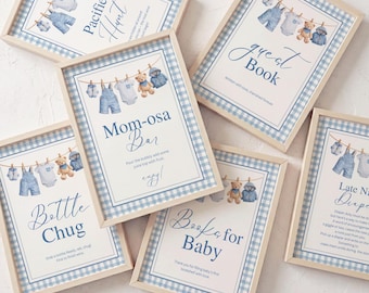 Paquete de letreros para baby shower de mezclilla, letreros de mesa para baby shower de mezclilla, decoración de baby shower vaquera, letreros imprimibles para fiestas, decoración de cumpleaños