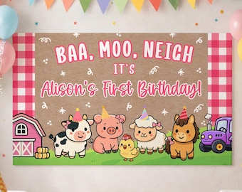 Banner editable de animales de granja para primer cumpleaños de niña, fondo rosa con temática de animales de granja, plantilla de letrero pintado DIY, decoración