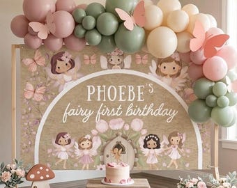 Plantilla editable para pancarta de primer cumpleaños de hadas, letrero de fiesta pintado a mano, decoración de fondo de jardín de hadas caprichoso para el primer cumpleaños