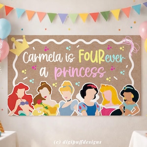 May include: A brown banner with the text "Carmela is FOURever a princess" and illustrations of six princesses. The banner is decorated with a crown, confetti, and a garland of colorful flags, perfect for a birthday party.
