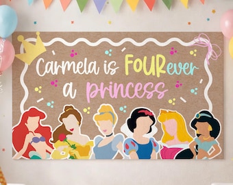 Editable Fourever A Princess Banner, 4th Birthday Princess Party Decor, Banner Template, Four Ever a Princess Sign, DIY Painted Style Poster