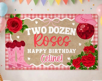 Plantilla editable de pancarta de cumpleaños con dos docenas de rosas, decoración para fiesta de cumpleaños de estilo western, fondo floral coqueto, rosas rosas románticas, estilo pintado a mano.